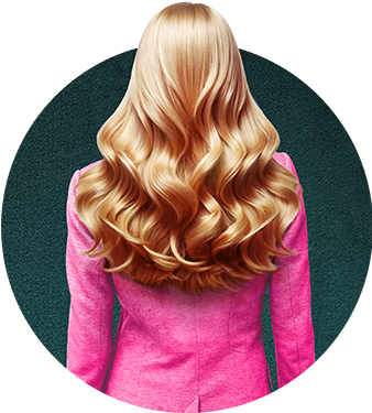 Back of a woman with blonde hair and pink suit