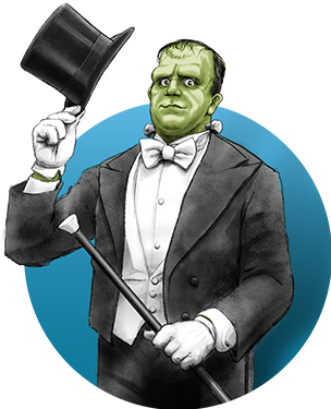 Wearing a tuxedo and holding a cane, Frankenstein's monster doffs his tophat