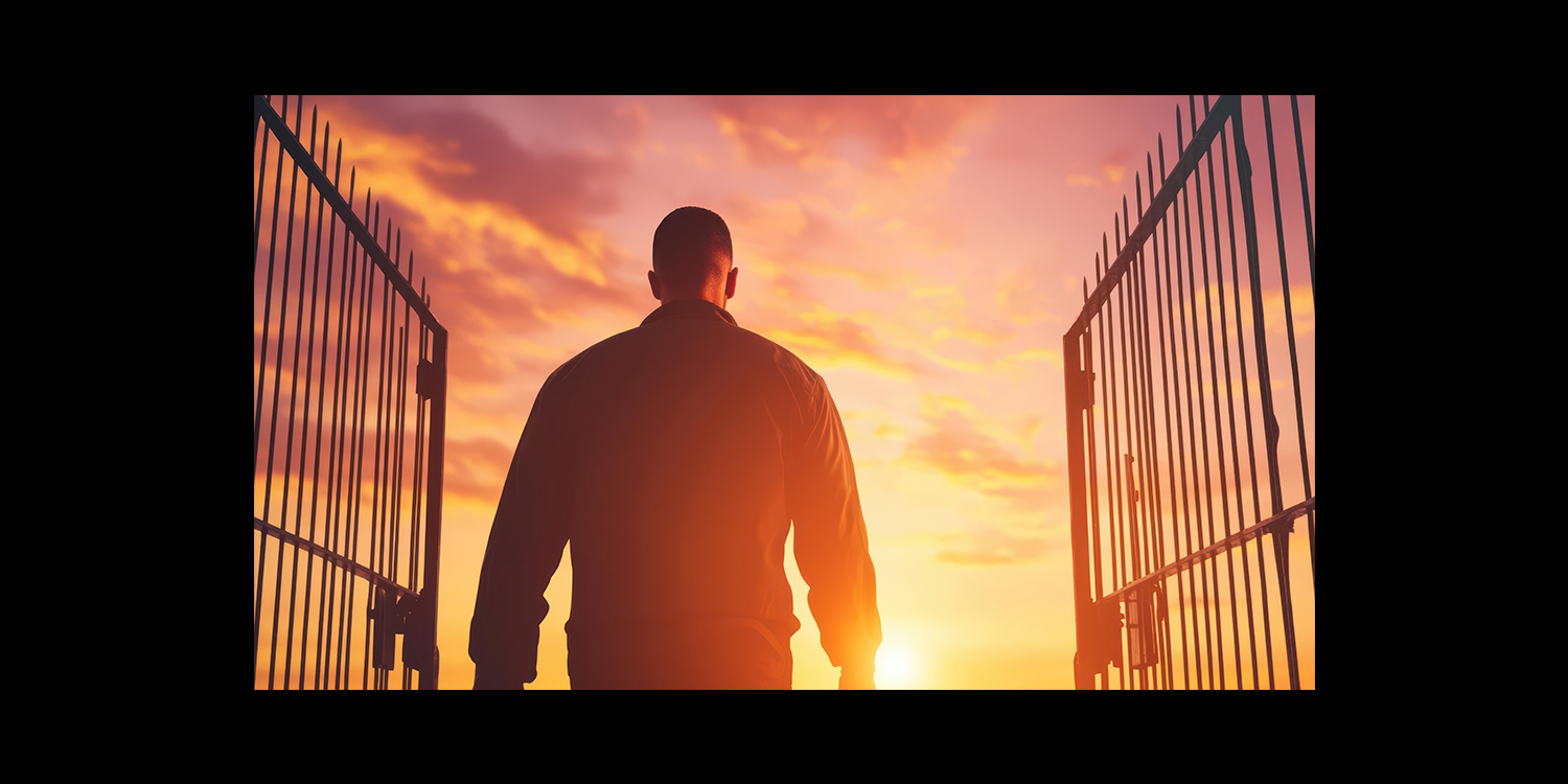 Man walking out the gates of prison at sunset