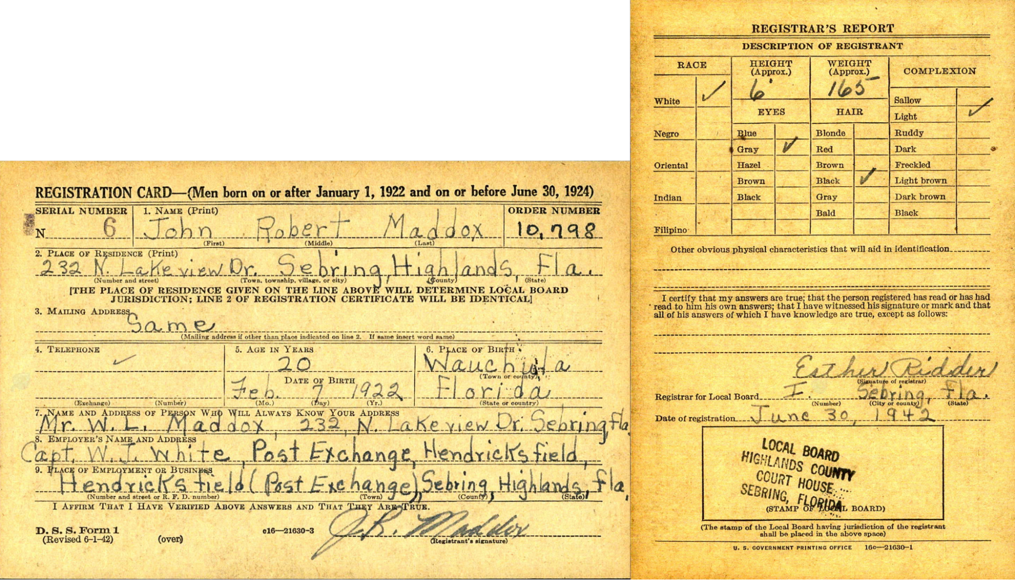 John Maddox's draft registration card