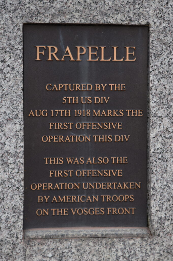 Plaque placed on the WWI Monument to the 5th ID in Frapelle, Vosges Mountains, France