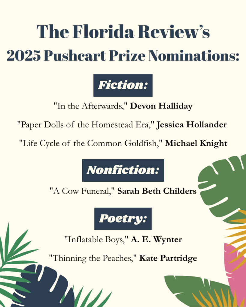 Announcement of The Florida Review's 2025 Pushcart Prize Nominations.