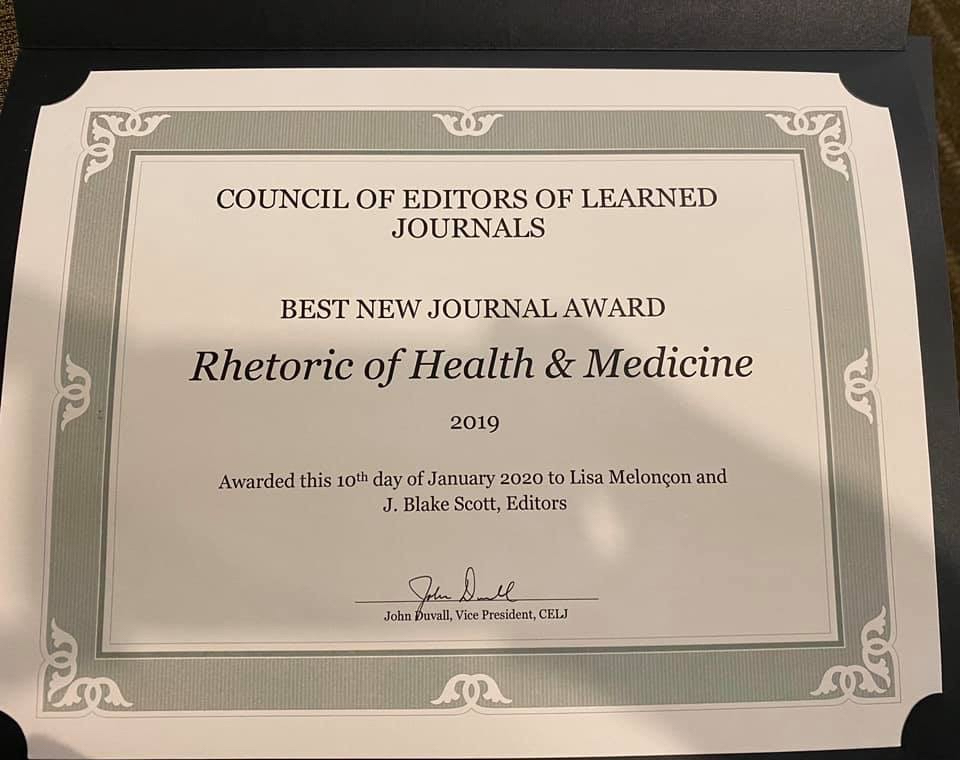 Rhetoric of Health &amp; Medicine wins national 2019 Best New Journal 