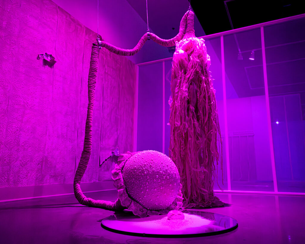 Magenta-lit art installation with a beaded sphere, hanging fabric, and rope-like structures in a gallery.