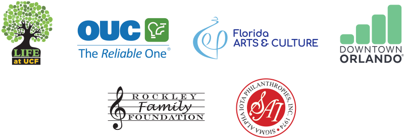Logos for LIFE at UCF, OUC The Reliable One, Florida Arts and Culture, Downtown Orlando, Rockley Family Foundation, and Sigma Alpha Iota Philanthropies Inc.