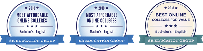 Badges for Most Affordable and Best Online Colleges for Value in Master's and Bachelor's English programs, according to SR Education Group, 2018