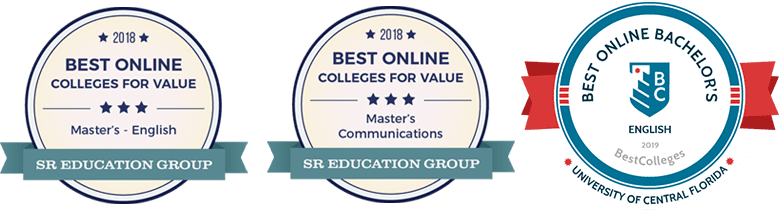 Badges for Best Online Colleges for Value in Master's and Bachelor's English programs, according to SR Education Group and BestColleges.com, 2018-19
