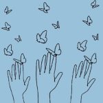 Line drawing of hands and butterflies