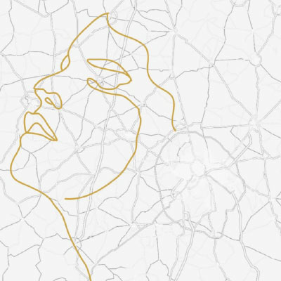 Simple line drawing of raised face with cracked background