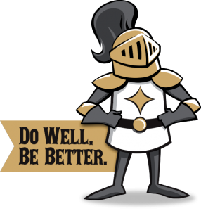 Cartoon knight with banner reading 'Do Well. Be Better.'