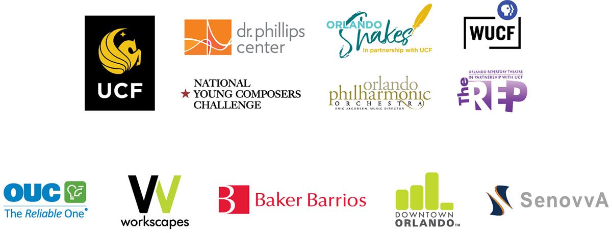 Logos incuding UCF, Dr. Phillips Center, Orlando Shakes, WUCF, National Young Composers Challenge, Orlando Philharmonic Orchestra, Orlando Repertory Theatre, OUC The Reliable One, Workscapes, Baker Barrios, Downtown Orlando and SenovvA