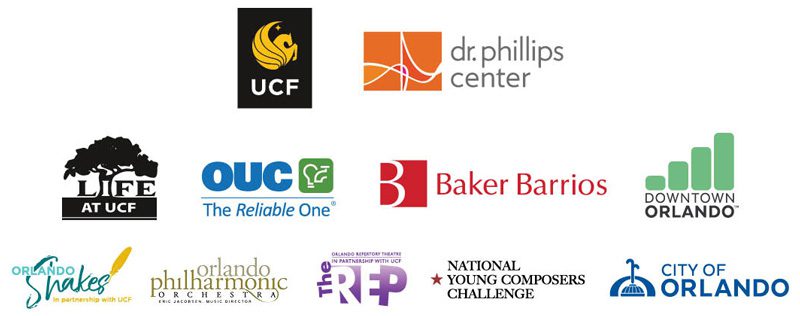 Logos for University of Central Florida, Dr. Phillips Center, LIFE at UCF, OUC The Reliable One, Baker Barrios, Downtown Orlando, Orlando Shakes, Orlando Philharmonic Orchestra, Orlando REP, National Young Composers Challenge and City of Orlando