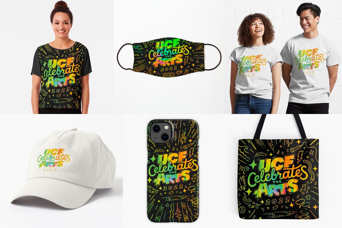 Shirts, mask, tote bag, phone case and hat featuring branding artwork for UCF Celebrates the Arts 2022