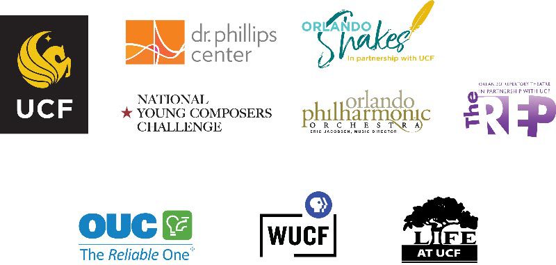 Logos incuding UCF, Dr. Phillips Center, Orlando Shakes, National Young Composers Challenge, Orlando Philharmonic Orchestra, Orlando Repertory Theatre, OUC The Reliable One, WUCF, and LIFE at UCF