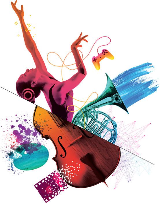 Photographic image featuring dancer, French horn, cello, and video game controller