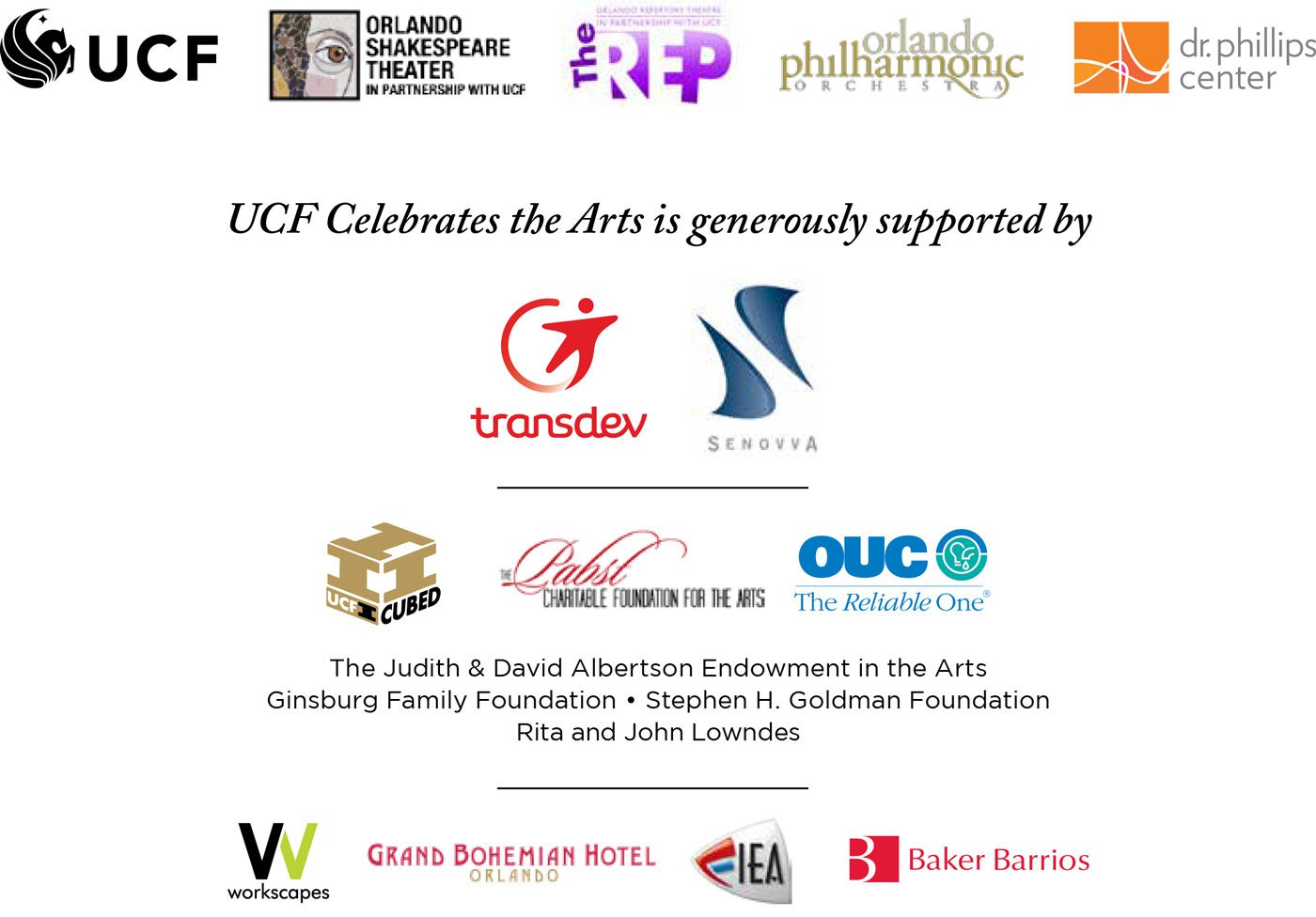 Partner and sponsor logos and text including UCF, Orlando Shakespeare Theater, Orlando Repertory Theatre, Orlando Philharmonic Orchestra, Dr. Phillips Center. UCF Celebrates the Arts is generously supported by Transdev, Senovva, UCF ICubed, Pabst Charitable Foundation for the Arts, OUC The Reliable One, The Judith and David Albertson Endowment in the Arts, Ginsburg Family Foundation, Stephen H. Goldman Foundation, John and Rita Lowndes, Workscapes, Grand Bohemian Hotel Orlando, FIEA, and Baker Barrios
