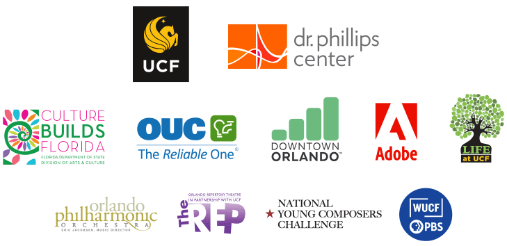 Logos for University of Central Florida, Dr. Phillips Center, Culture Builds Florida, OUC The Reliable One, Downtown Orlando, Adobe, LIFE at UCF, Orlando Philharmonic Orchestra, Orlando REP, National Young Composers Challenge, WUCF-PBS