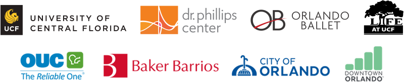 Logos for University of Central Florida, Dr. Phillips Center, OUC The Reliable One, Baker Barrios, and Orlando Ballet