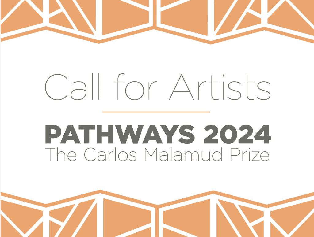 light orange graphic with geometrical shapes on the top and bottom. Text reads: Call for Artists: Pathways 2024: The Carlos Malamud Prize