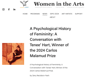 screen shot of article with an image of a woman in dark clothing sitting on the floor with an art installation 