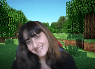 Pamela Gores with Minecraft Zoom background