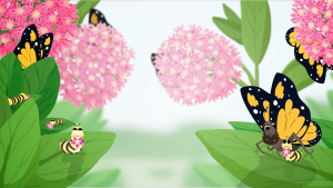 Animated butterflies nested in pink flowers, cartoon image