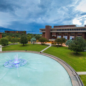 An aerial shot of the UCF library and reflection pond.