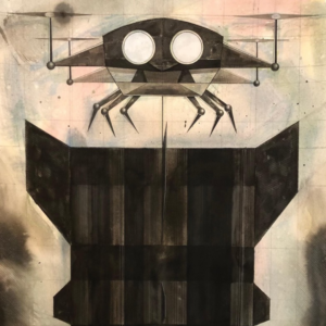 Abstract, geometric illustration of a robotic insect-like figure with circular eyes and angular limbs on a textured background.