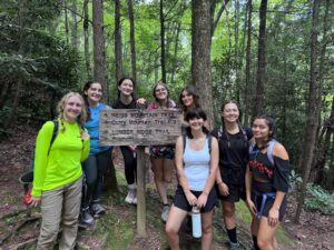 Group of students standing in front of a sign in the Smoky Mountains