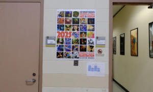 Poster for a 2025 illustration student showcase displayed on a hallway wall between two classroom doors.