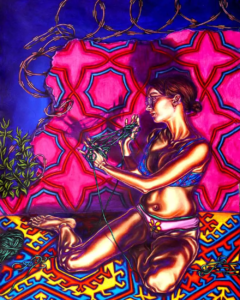 Illustrated person sitting cross-legged, holding tangled wires against a bright patterned pink and blue background.