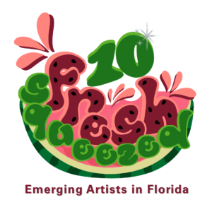 Illustrated logo for the Fresh Squeezed 10 exhibition featuring a watermelon slice with stylized lettering and the text “Emerging Artists in Florida.”
