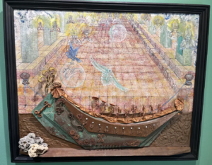 Mixed-media artwork of a textured boat in the foreground with birds, figures, and a patterned background scene.