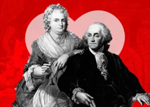 Illustration of George and Martha Washington seated together in front of a large pink heart on a red background.
