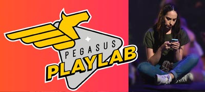 Pegasus PlayLab logo and performer reading cell phone