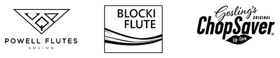 Sponsor logos - Powell Flutes, Blocki Flute, and ChopSaver