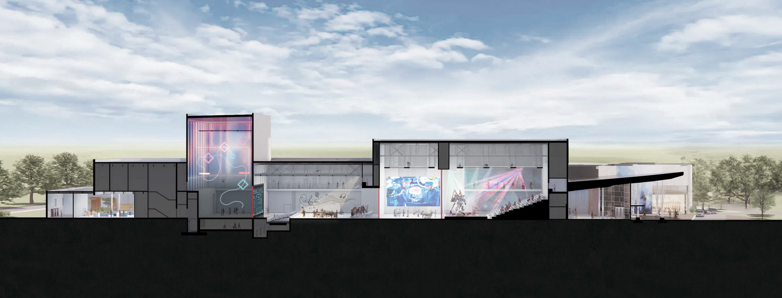 Elevation rendering of PIXEL complex revealing interior spaces