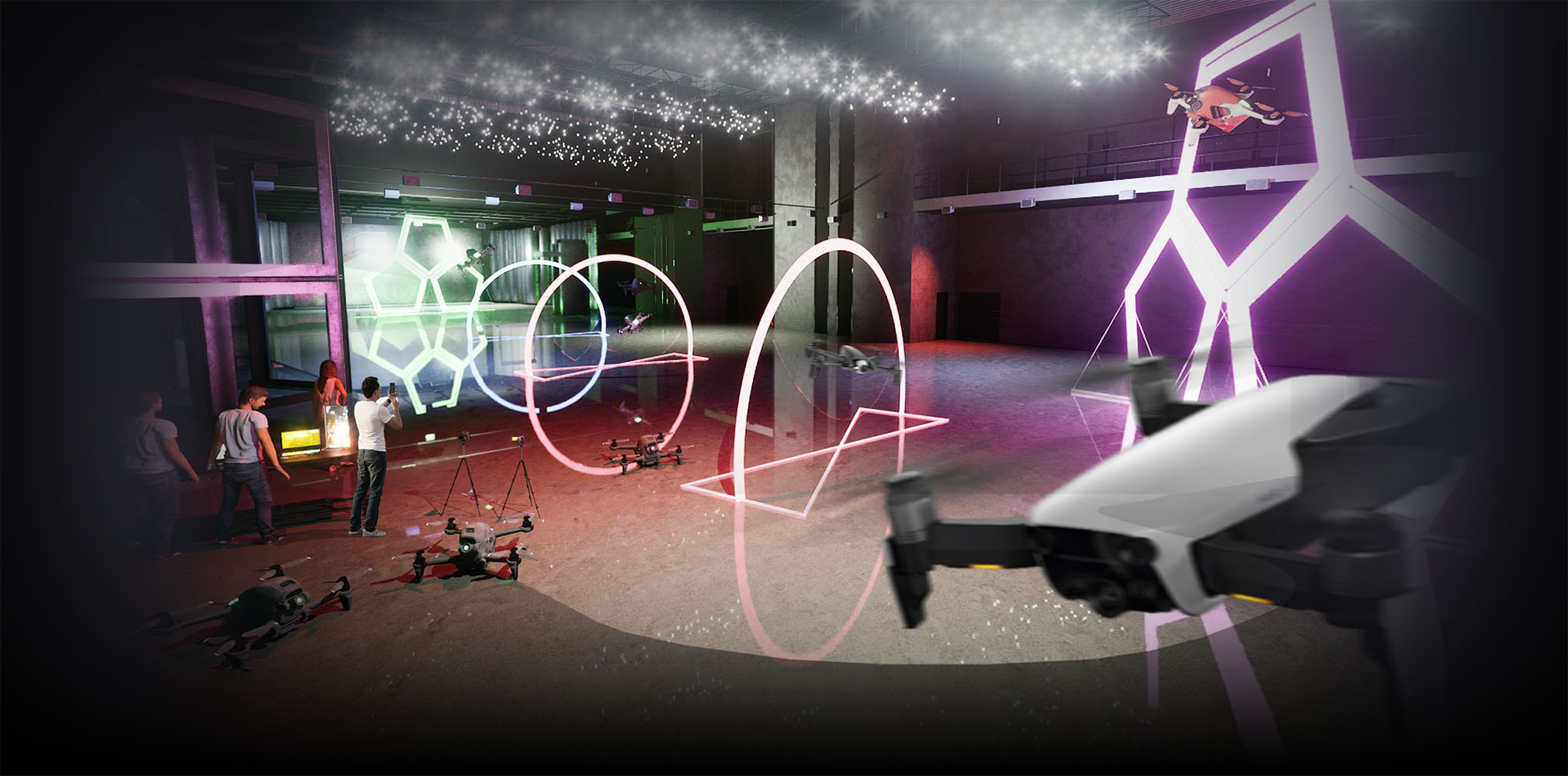 Artist's rendering of drone testing in large indoor facility