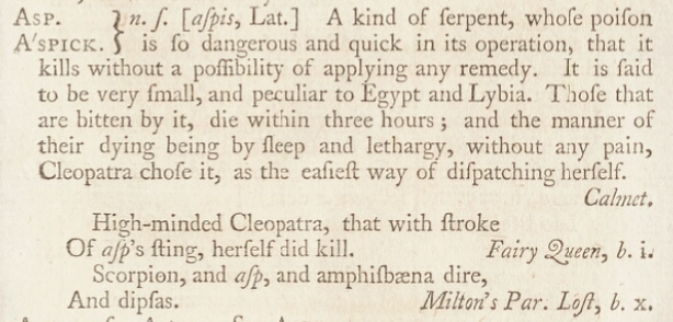 1755 entry for Asp and Aspick, with headwords joined by a bracket to the same definition. https://johnsonsdictionaryonline.com/1755/asp_ns_(3). 