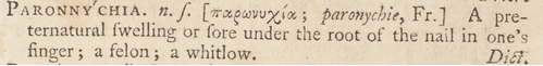 entry for "paronnychia" from 1755 (1st folio) edition, UF copy