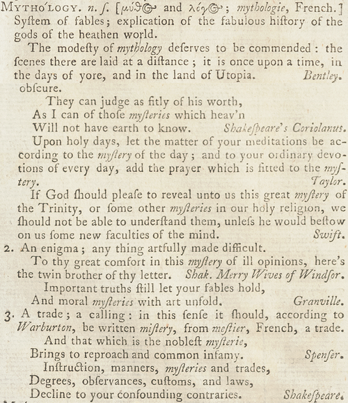entry that joins "mythology" with two senses of "mystery"