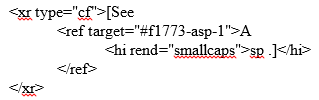 XML for the cross reference from "Aspick" to "Asp." Contains xr, ref, hi elements