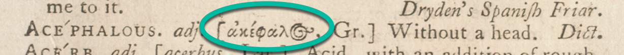 "Acephalous" dictionary entry displaying Greek etymology.