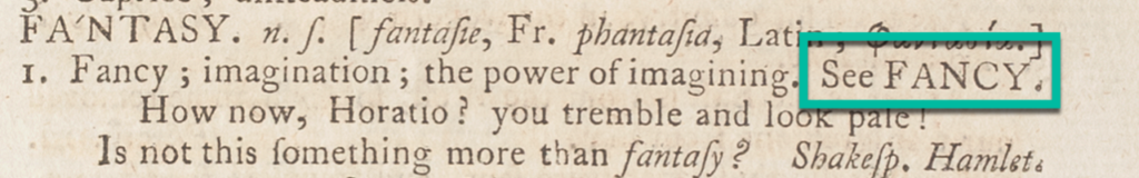 "Fantasy" entry identifying the cross-reference to "Fancy".