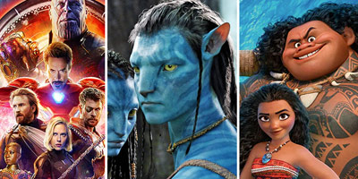 Details of movie posters for Avengers, Avatar, Moana