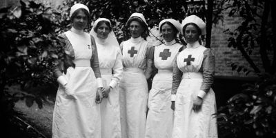 A black and white image of WWI-era nurses