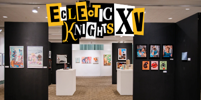 photo of Eclectic Knights Logo in front of showcased artwork