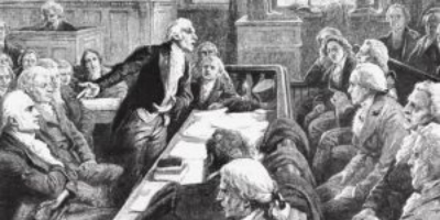 Old Illustration of Thomas Paine and the Founding Fathers at a council meeting