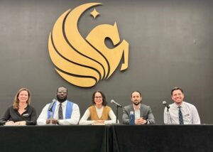 Panel Featuring Graduate Student Scholars (left to right: Sherry Rankins-Robertson, Zeke Acheampong, Natalia Rivera-Hernandez, Dhugal Gardner, Shane Wood) 