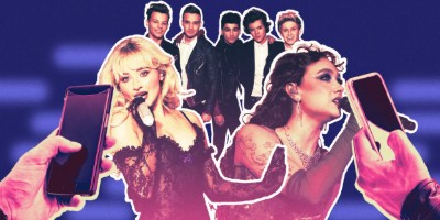 Graphic cutout of Sabrina Carpenter, Chapell Roan, and One Direction